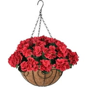 HANGTANWAN Artificial Flowers Hanging Basket with Begonia Silk Flowers for Outdoor/Indoor, Artificial Geranium Flowers in 12'' Basket for Patio Lawn Garden Spring Decoration(Red)