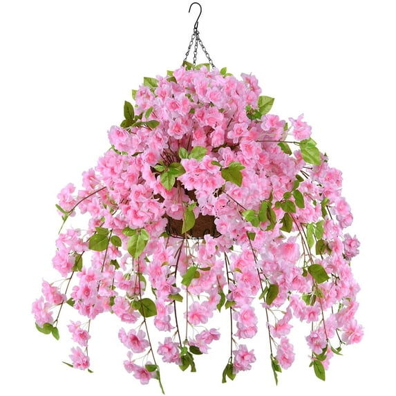 Artificial Flowers Hanging Basket,Blossom Silk Vine Flowers for Outdoor/Indoor,Ivy Basket Artificial Hanging Plant for Patio Lawn Garden Decor (Pink)