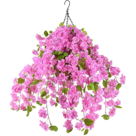 Artificial Flowers Hanging Basket,Blossom Silk Vine Flowers for Outdoor/Indoor,Ivy Basket Artificial Hanging Plant for Patio Lawn Garden Decor (Pink)
