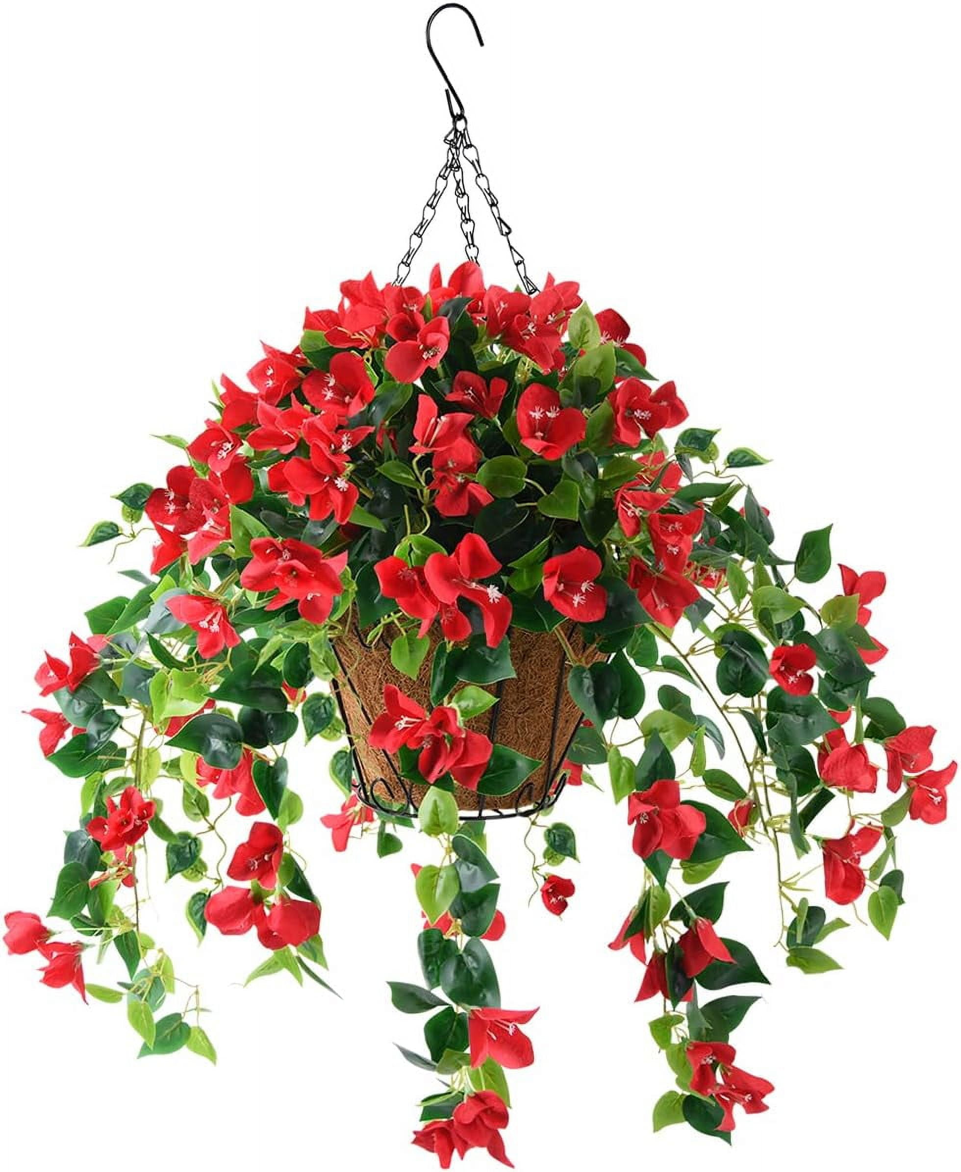 Artificial Flowers Hanging Basket,Bougainvillea Silk Vine Flowers for Outdoor/Indoor, 0Inch Coconut Lining Flower Pot with Hanging Plant for Patio Lawn Garden Decor (Purple)