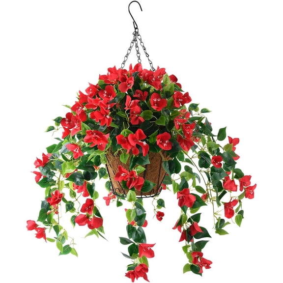 Artificial Flowers Hanging Basket,Bougainvillea Silk Vine Flowers for Outdoor/Indoor, 0Inch Coconut Lining Flower Pot with Hanging Plant for Patio Lawn Garden Decor (Purple)