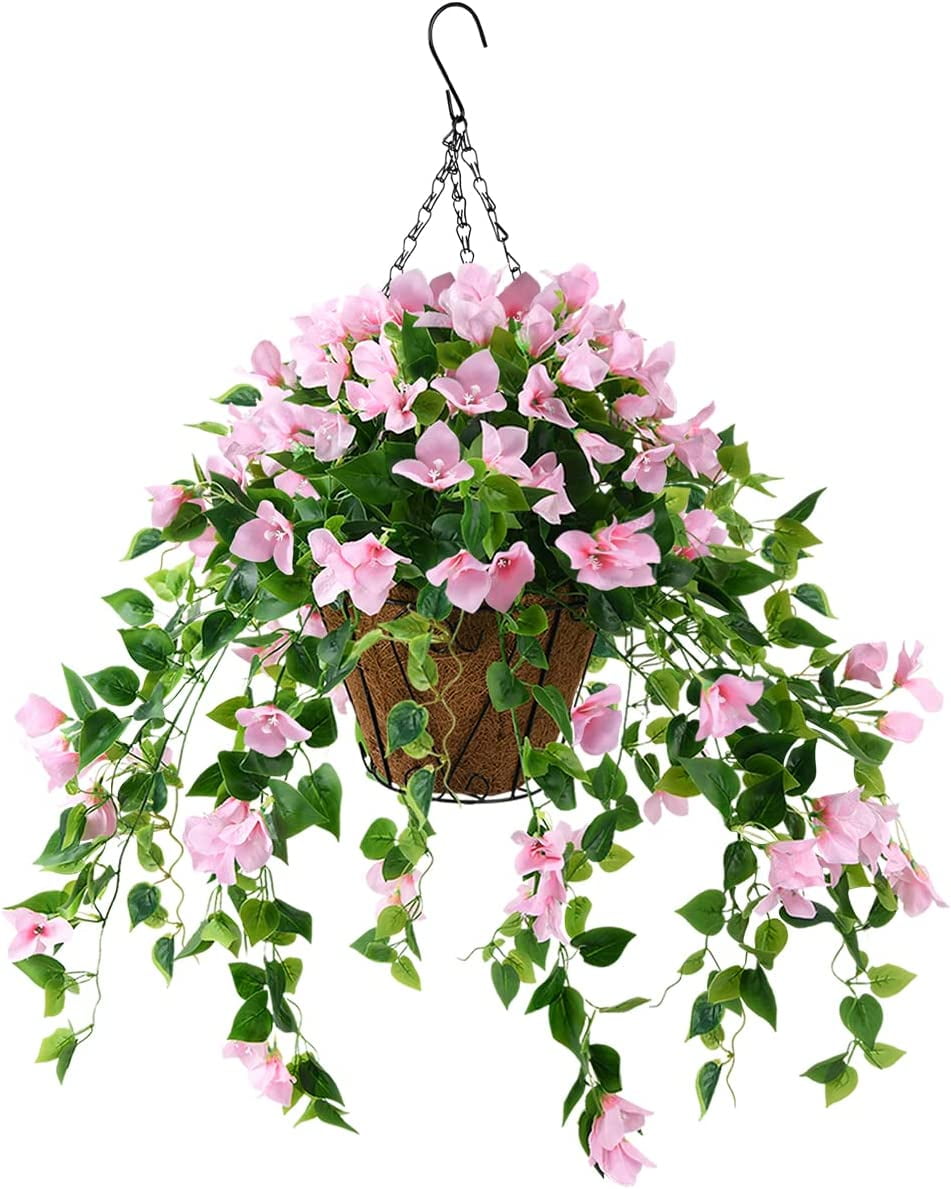 Artificial Flowers Hanging Basket,Bougainvillea Silk Vine Flowers for Outdoor/Indoor, 0Inch Coconut Lining Flower Pot with Hanging Plant for Patio Lawn Garden Decor (Purple)