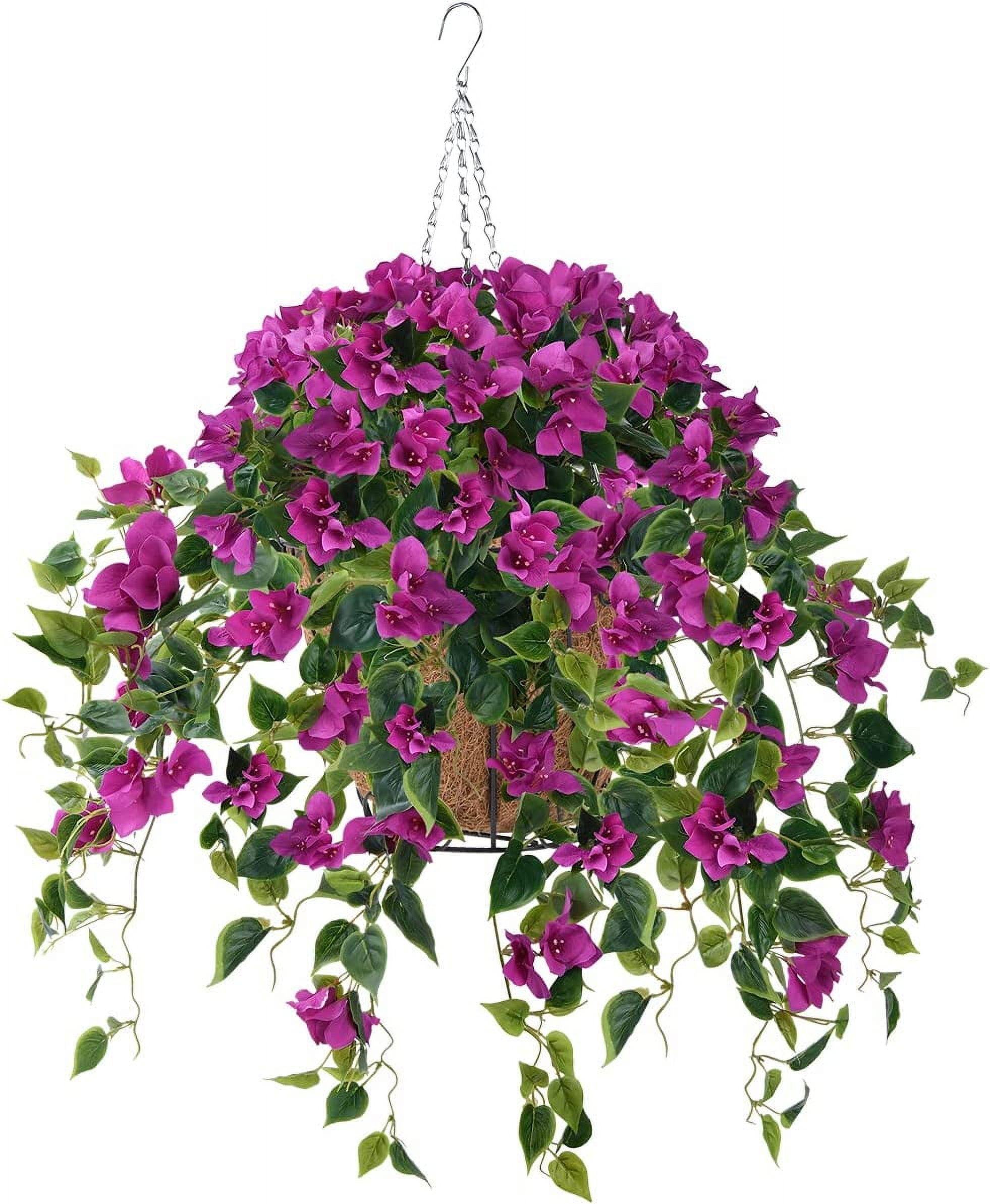 Artificial Flowers Hanging Basket,Bougainvillea Silk Vine Flowers for Outdoor/Indoor, 0Inch Coconut Lining Flower Pot with Hanging Plant for Patio Lawn Garden Decor (Purple)
