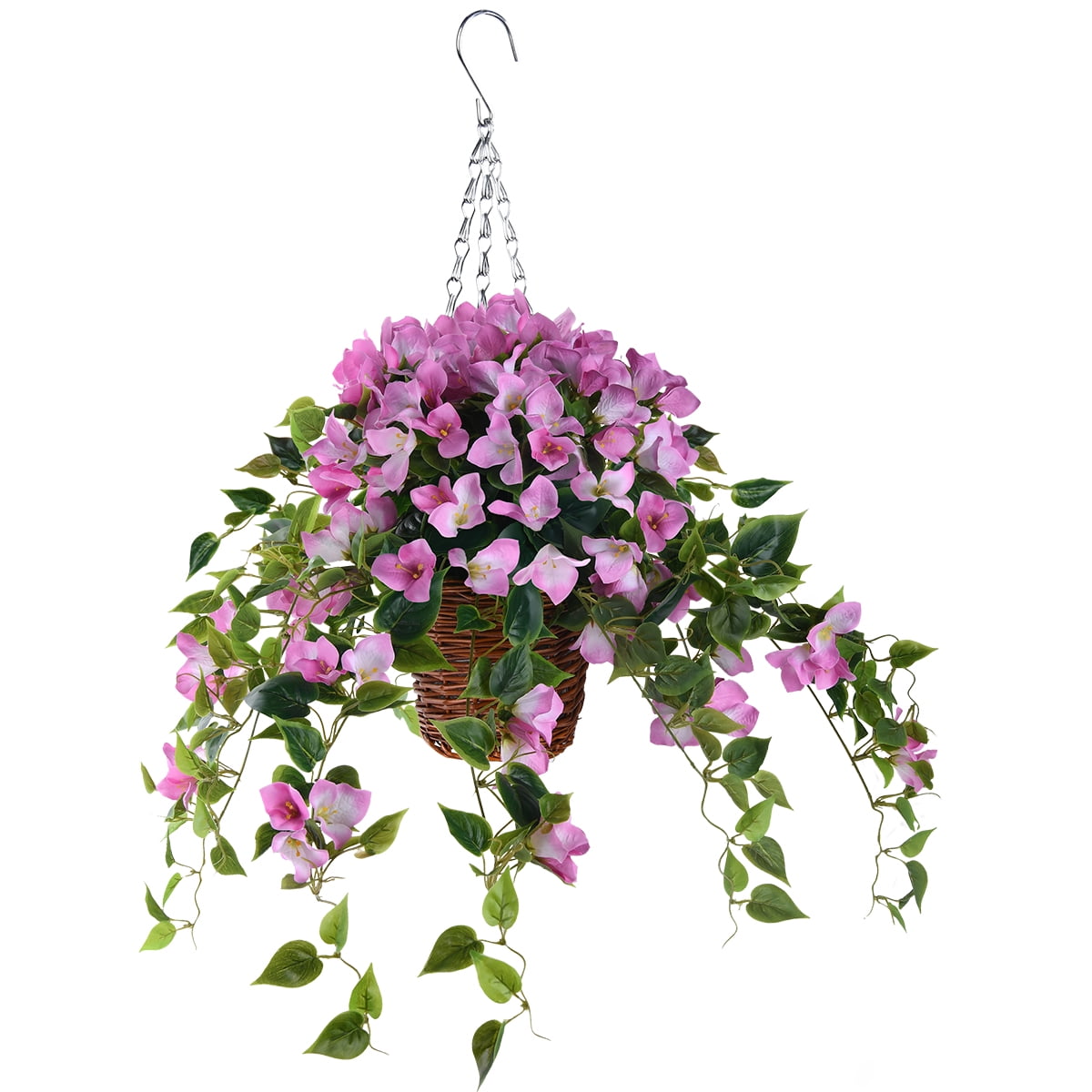 Artificial Flowers Hanging Basket with Bougainvillea Silk Vine Flowers for Patio Lawn Garden Decor,Fake Flower Centerpieces, Artificial Hanging Plant in Ivy Basket for Outdoor/Indoor(Pink)