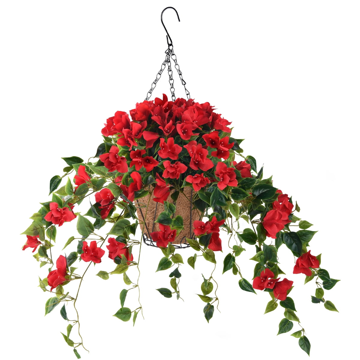 Artificial Flowers Hanging Basket with Bougainvillea Silk Vine Flowers for Patio Lawn Garden Decor,Fake Flower Centerpieces, Artificial Hanging Plant in Ivy Basket for Outdoor/Indoor (Red)