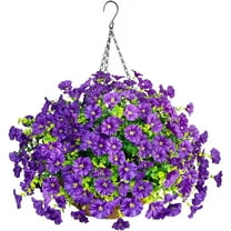 Artificial Flowers with Hanging Basket,Faux Petunias Hanging Flower,Fake Hanging Plants 12 inch Coconut Lining Basket for Outdoor Courtyard Patio Garden Decor (Purple)
