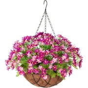 HANGTANWAN Artificial Flowers with Hanging Basket for Home Courtyard,6 Branches Silk Daisy FlowersFake Plant Arrangement in12 inch Coconut Lining Basket for Outdoors Indoors Spring Decor(Violet)