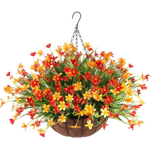 Artificial Flowers with Hanging Basket for Outdoor Decoration, Faux Violets Floral Arrangements UV Resistant Fake Flower Plants for Porch Patio Garden Balcony Outside Spring Summer Decor(Purple)