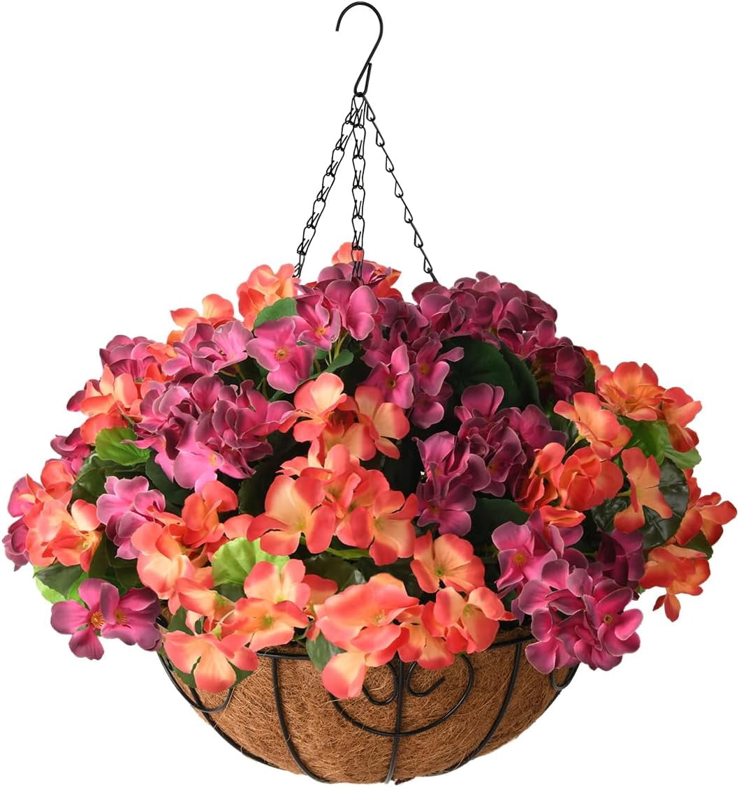 Artificial Flowers Hanging Basket for Outdoor Indoor Decor,Faux Silk Flower Arrangement,10 Branches Geranium with 12 Inch Coconut Lining Chain for Patio Decoration(Purple Orange)