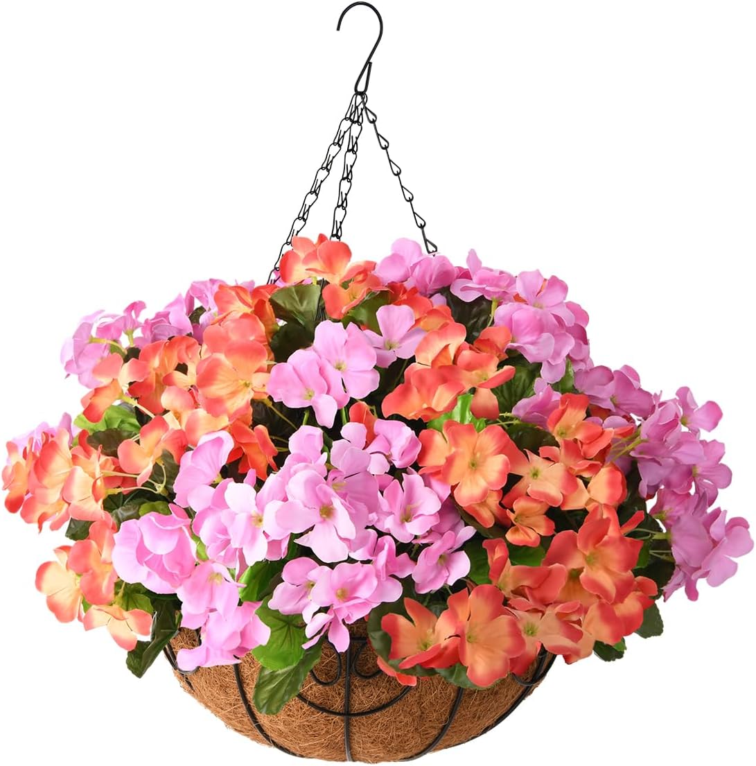 Artificial Flowers Hanging Basket for Outdoor Indoor Decor,Faux Silk Flower Arrangement,10 Branches Geranium with 12 Inch Coconut Lining Chain for Patio Decoration(Purple Orange)