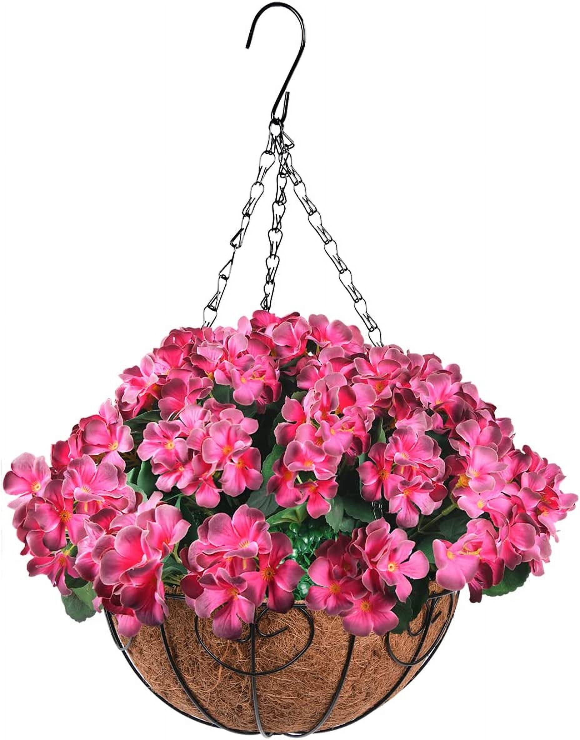 Artificial Flowers Hanging Basket for Outdoor Indoor Decor,Faux Silk Flower Arrangement,10 Branches Geranium with 12 Inch Coconut Lining Chain for Patio Decoration(Purple Orange)