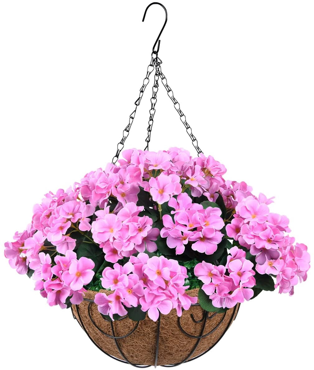 Artificial Flowers Hanging Basket for Outdoor Indoor Decor,Faux Silk Flower Arrangement,10 Branches Geranium with 12 Inch Coconut Lining Chain for Patio Decoration(Purple Orange)