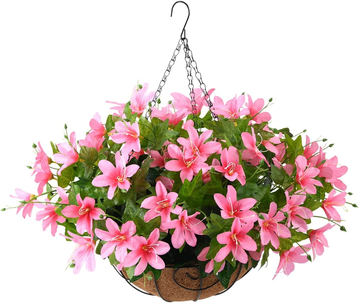 Artificial Flowers Hanging Basket for Outdoor Indoor, Fake Orchid Flowers in Coconut Lining Hanging Basket for Home Courtyard Decoration, 5 Branches Flowers in 12'' Basket(Pink)