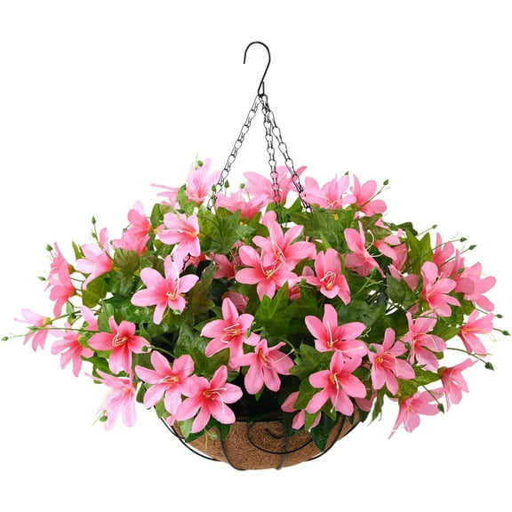 Artificial Flowers Hanging Basket for Outdoor Indoor, Fake Orchid Flowers in Coconut Lining Hanging Basket for Home Courtyard Decoration, 5 Branches Flowers in 12'' Basket(Pink)