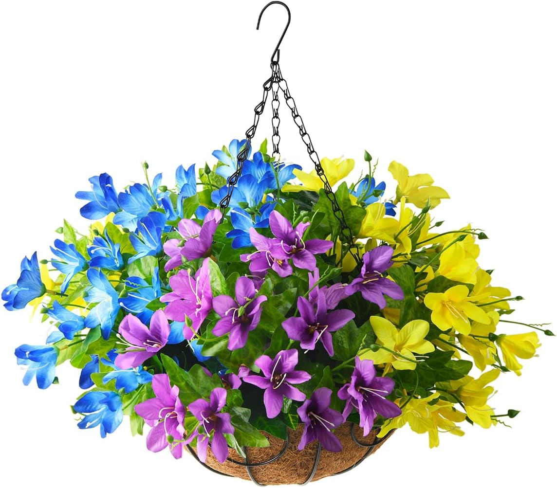 Artificial Flowers Hanging Basket for Outdoor Indoor,Fake Orchid Flowers in Coconut Lining Hanging Basket for Home Courtyard Decoration, 5 Branches Flowers in 12'' Basket(Yellow)