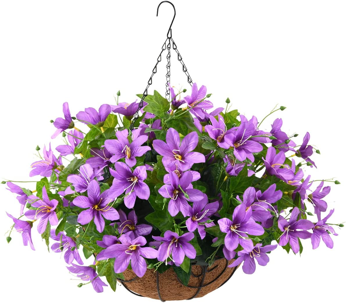 Artificial Flowers Hanging Basket for Outdoor Indoor, Fake Orchid Flowers in Coconut Lining Hanging Basket for Home Courtyard Decoration, 5 Branches Flowers in '' Basket(Blue)