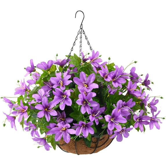 Artificial Flowers Hanging Basket for Outdoor Indoor, Fake Orchid Flowers in Coconut Lining Hanging Basket for Home Courtyard Decoration, 5 Branches Flowers in '' Basket(Blue)