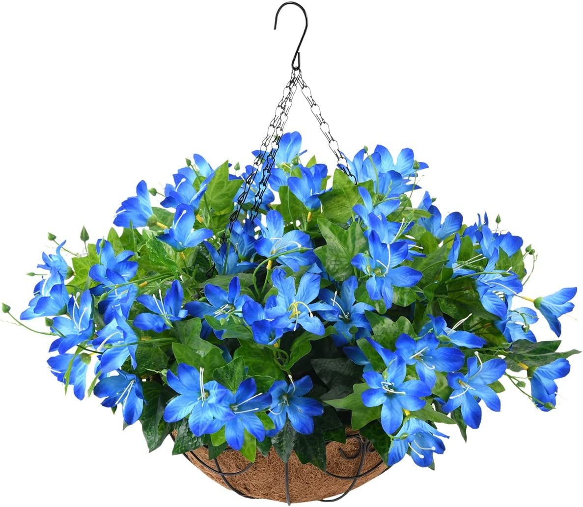 Artificial Flowers Hanging Basket for Outdoor Indoor, Fake Orchid Flowers in Coconut Lining Hanging Basket for Home Courtyard Decoration, 5 Branches Flowers in '' Basket(Blue)