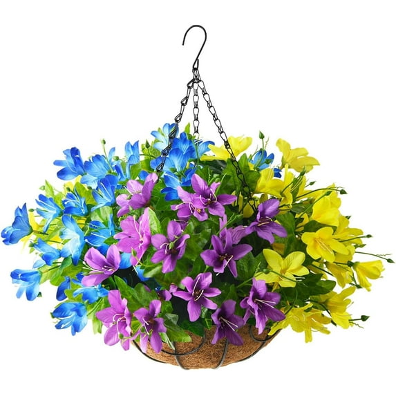 Artificial Flowers Hanging Basket for Outdoor Indoor, Fake Orchid Flowers in Coconut Lining Hanging Basket for Home Courtyard Decoration, 5 Branches Flowers in '' Basket(Blue)