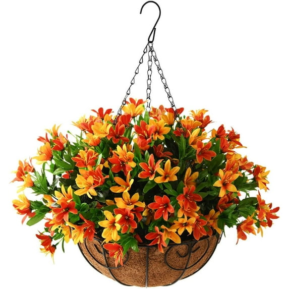 Artificial Flowers Hanging Basket for Outdoor Indoor, Fake Orchid Flowers in Coconut Lining Hanging Basket for Home Courtyard Decoration, 5 Branches Flowers in '' Basket(Blue)