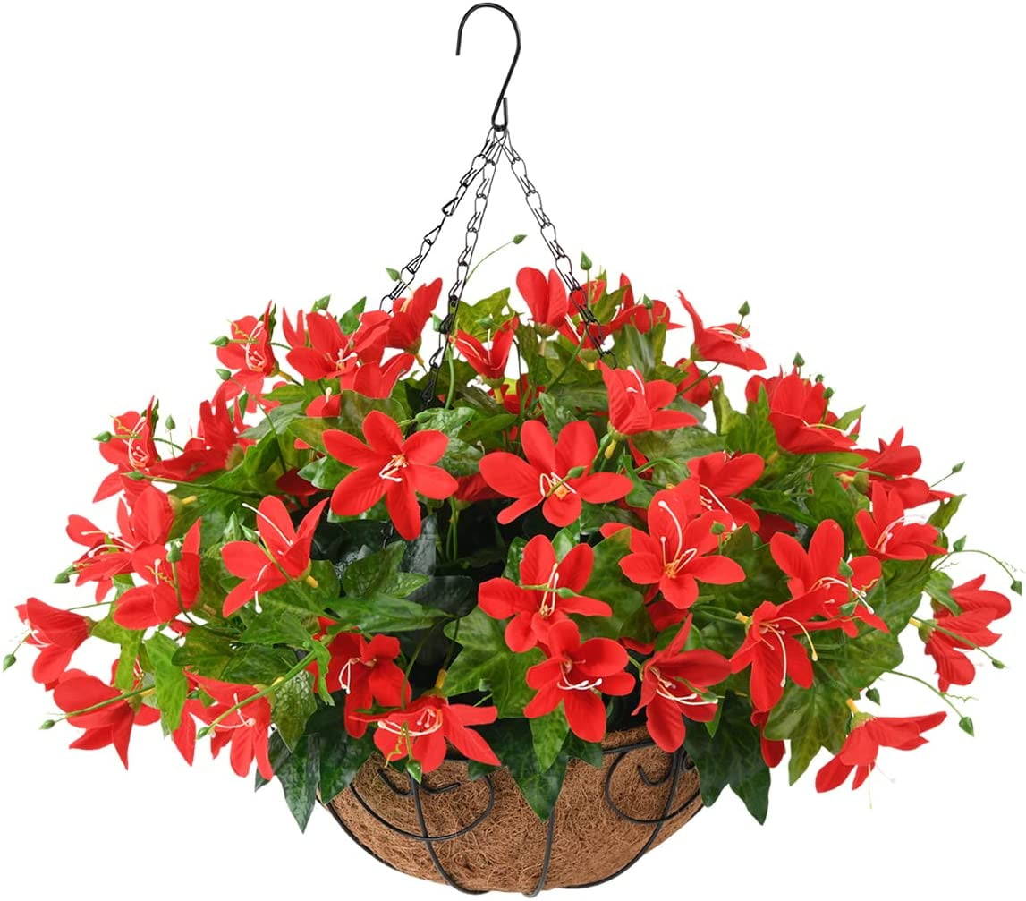 Artificial Flowers Hanging Basket for Outdoor Indoor, Fake Orchid Flowers in Coconut Lining Hanging Basket for Home Courtyard Decoration, 5 Branches Flowers in '' Basket(Blue)