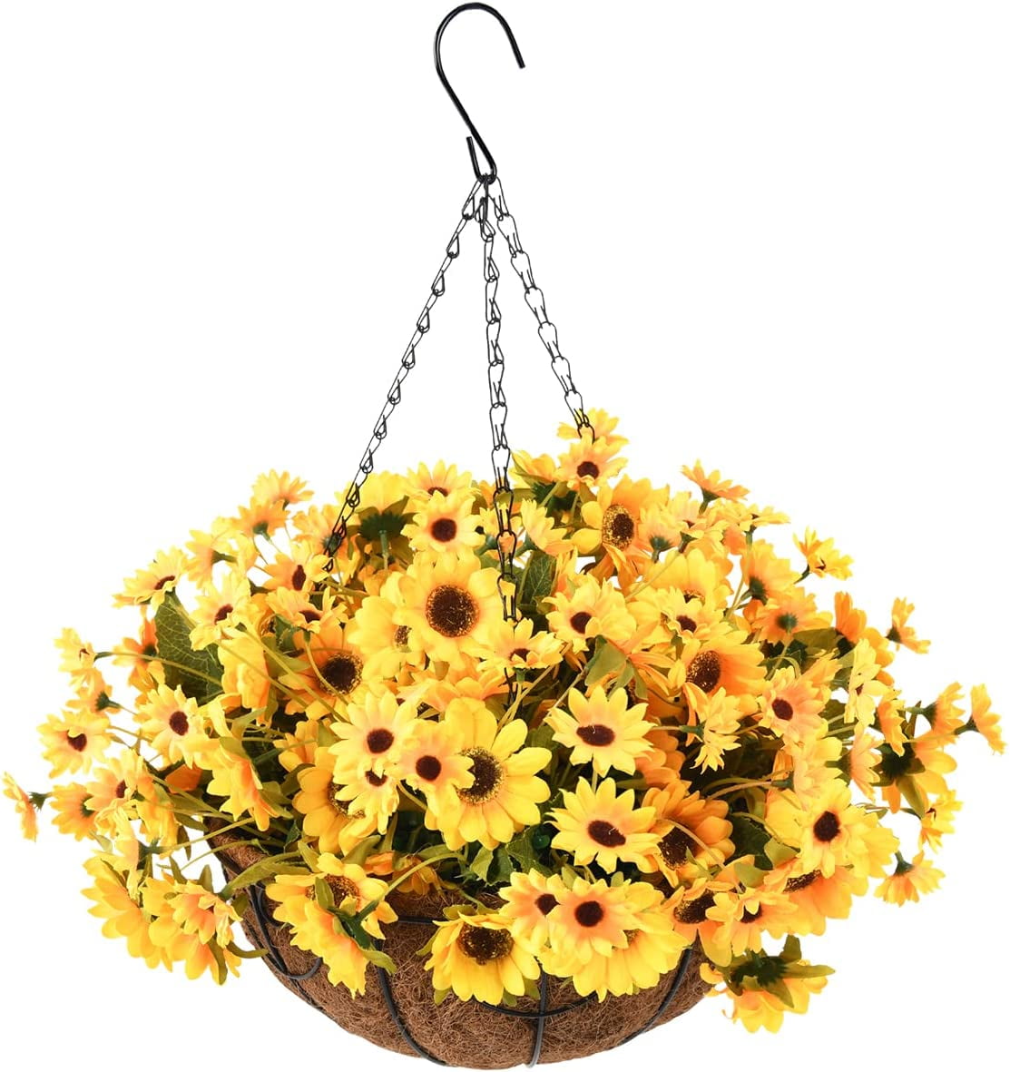 Artificial Flowers Hanging Basket for Outdoor Indoor, Fake Sunflowers Flowers in Coconut Lining Hanging Basket, 8 Branches Sunflowers Flowers