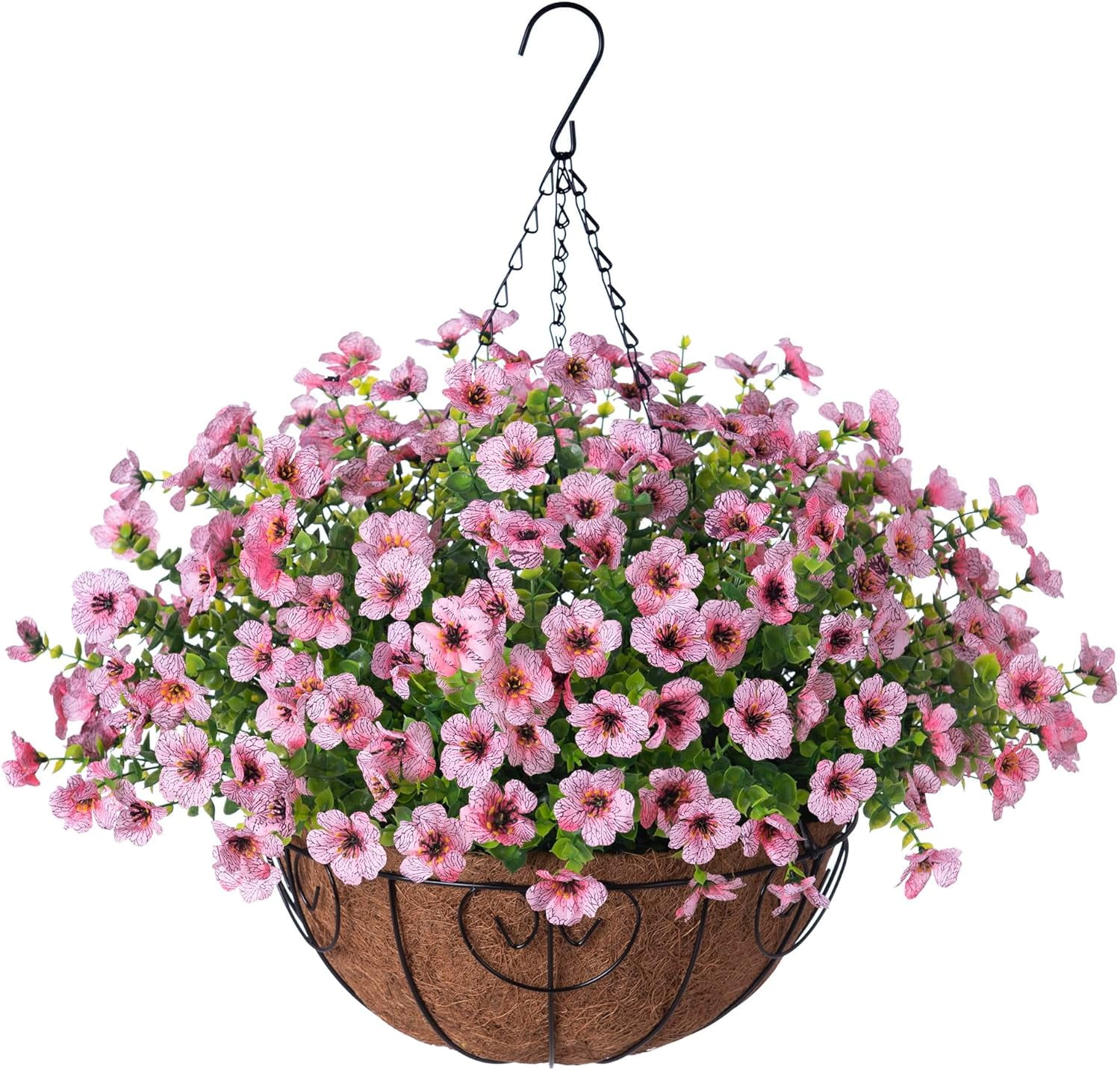 Artificial Flowers Hanging Basket for Outdoor Indoor Spring Decoration,Fake Silk Colorful Daisy Eucalyptus in Metal Coconut Lining Flowerpot Arrangement for Patio Yard Decor(Purple)