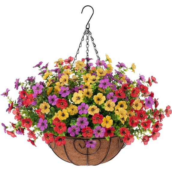 Artificial Flowers Hanging Basket for Outdoor Indoor Spring Decoration,Fake Silk Colorful Daisy Eucalyptus in Metal Coconut Lining Flowerpot Arrangement for Patio Yard Decor(Purple)