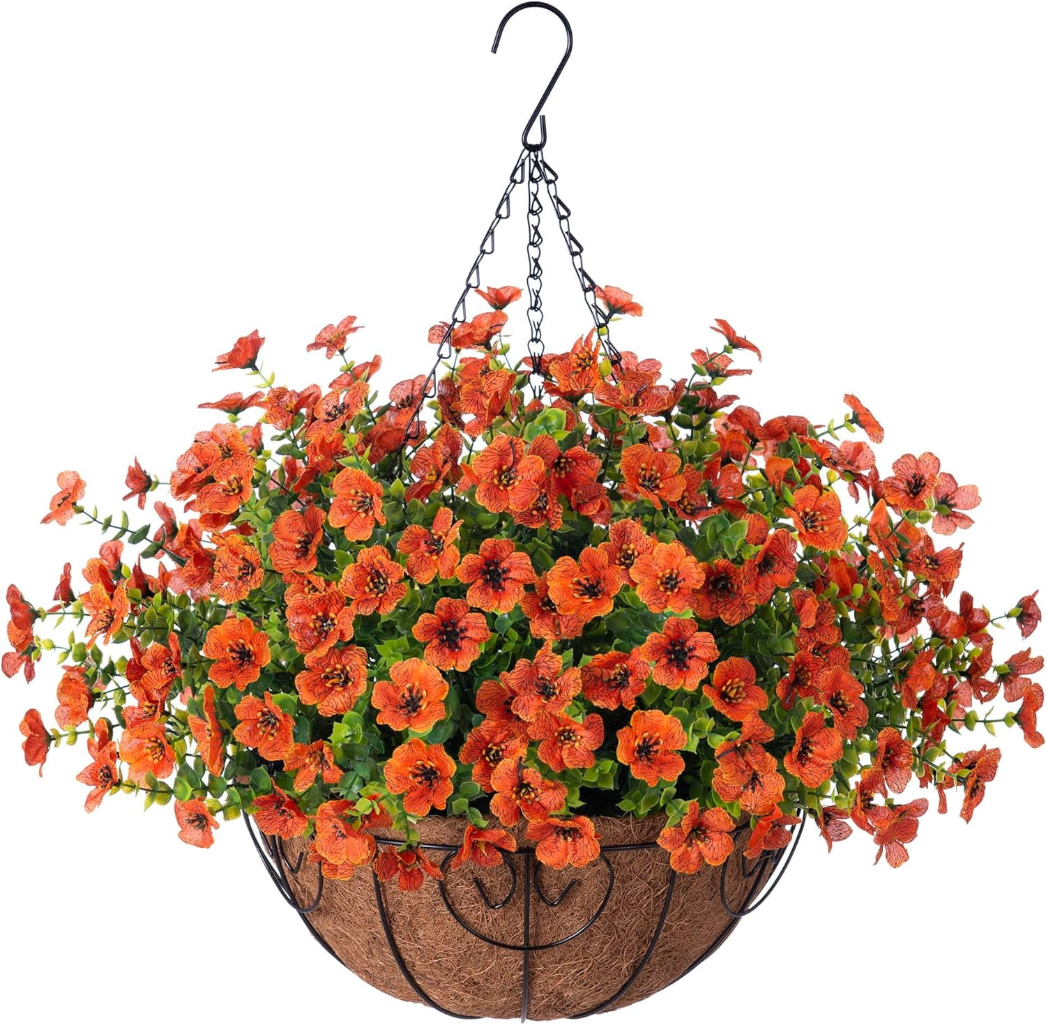 Artificial Flowers Hanging Basket for Outdoor Indoor Spring Decoration,Fake Silk Colorful Daisy Eucalyptus in Metal Coconut Lining Flowerpot Arrangement for Patio Yard Decor(Purple)