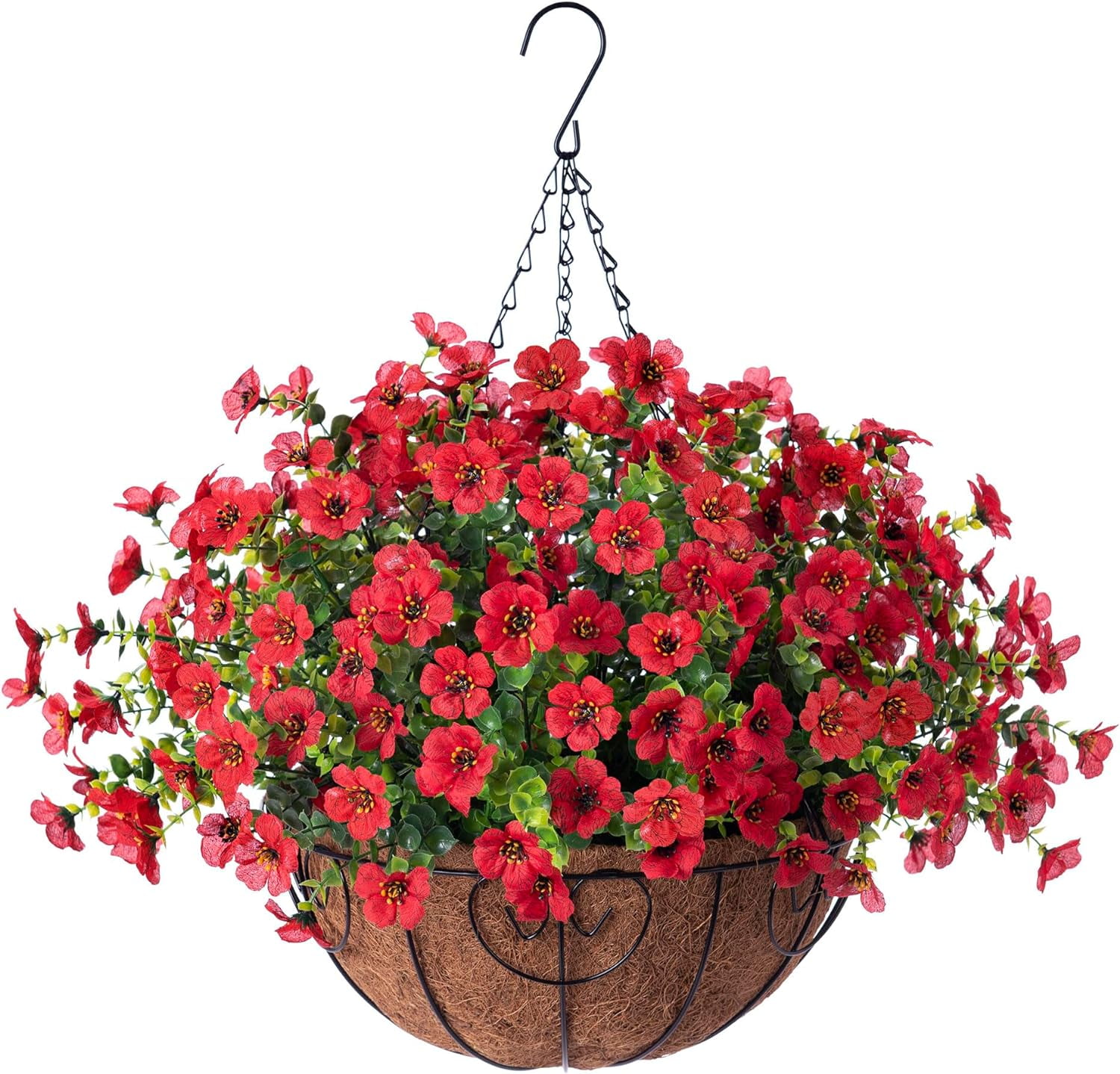 Artificial Flowers Hanging Basket for Outdoor Indoor Spring Decoration,Fake Silk Colorful Daisy Eucalyptus in Metal Coconut Lining Flowerpot Arrangement for Patio Yard Decor(Purple)