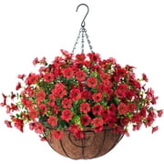Artificial Flowers Hanging Basket for Outdoor Indoor Spring Decoration,Fake Silk Colorful Daisy Eucalyptus in Metal Coconut Lining Flowerpot Arrangement for Patio Yard DecorPurple
