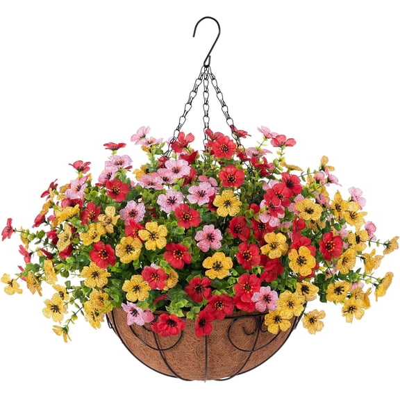 Artificial Flowers Hanging Basket for Outdoor Indoor Spring Decoration,Fake Silk Colorful Daisy Eucalyptus in Metal Coconut Lining Flowerpot Arrangement for Patio Yard Decor(Purple)