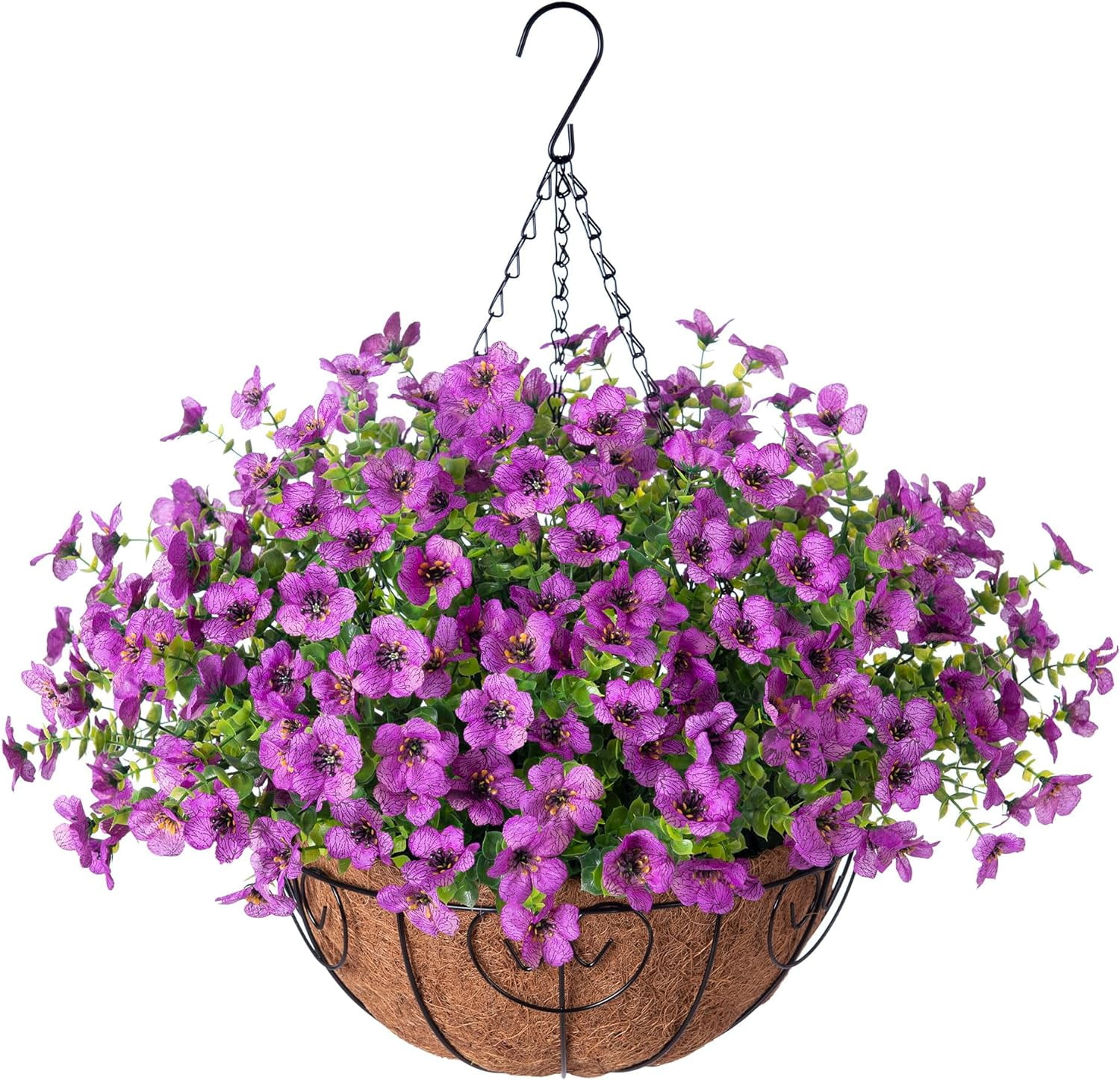 Artificial Flowers Hanging Basket for Outdoor Indoor Spring Decoration,Fake Silk Colorful Daisy Eucalyptus in Metal Coconut Lining Flowerpot Arrangement for Patio Yard Decor(Purple)