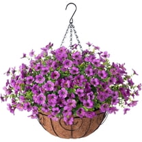Artificial Flowers Hanging Basket for Outdoor Indoor Spring Decoration,Fake Silk Colorful Daisy Eucalyptus in Metal Coconut Lining Flowerpot Arrangement for Patio Yard Decor(Purple)