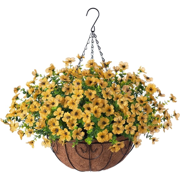 Artificial Flowers Hanging Basket for Outdoor Indoor Spring Decoration,Fake Silk Colorful Daisy Eucalyptus in Metal Coconut Lining Flowerpot Arrangement for Patio Yard Decor(Purple)