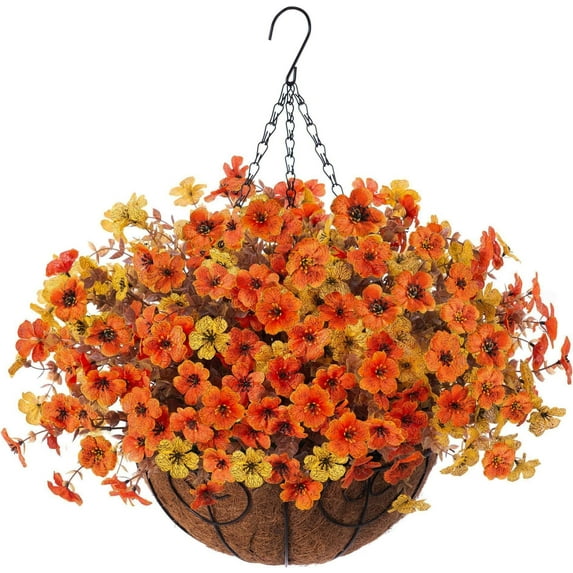 Artificial Flowers Hanging Basket for Outdoor Indoor Spring Summer Decoration,Fake Silk Colorful Daisy Eucalyptus in 12" Coconut Lining Flowerpot Arrangement for Home Patio Yard Decor(Red)