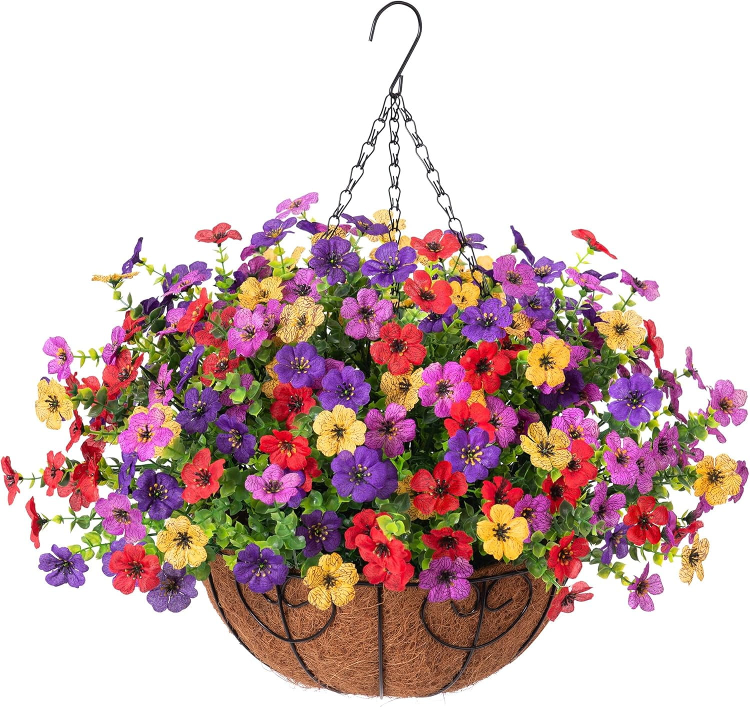 Artificial Flowers Hanging Basket for Outdoor Spring Summer Decor, Fake Silk Colorful Daisy Eucalyptus in 12" Metal Coconut Lining Pot Arrangement for Home Patio Yard Decor(Purple Red Yellow)
