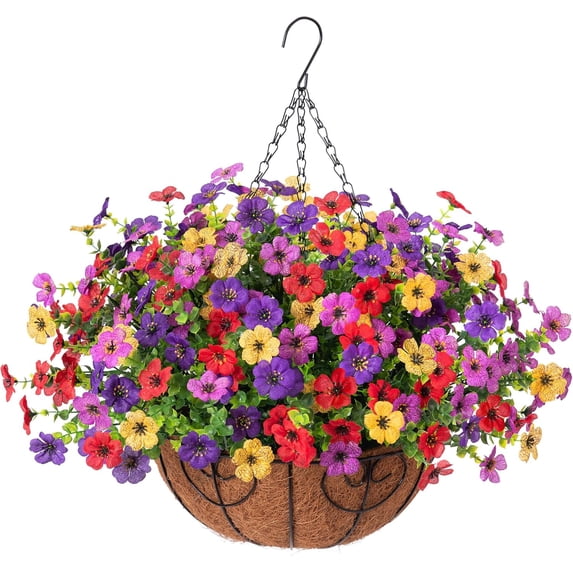 Artificial Flowers Hanging Basket for Outdoor Spring Summer Decor, Fake Silk Colorful Daisy Eucalyptus in 12" Metal Coconut Lining Pot Arrangement for Home Patio Yard Decor(Purple Red Yellow)