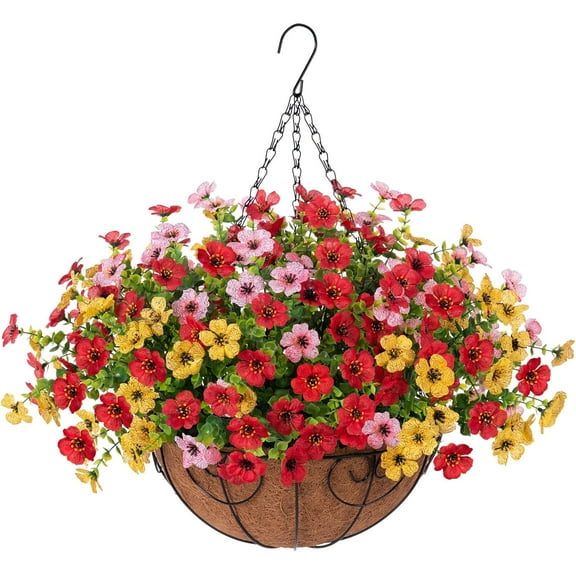 Artificial Flowers Hanging Basket for Outdoor Spring Summer Decor, Fake Silk Colorful Daisy Eucalyptus in 12" Metal Coconut Lining Pot Arrangement for Home Patio Yard Decor(Purple Red Yellow)
