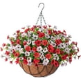 thumbnail image 1 of Artificial Flowers Hanging Basket for Outdoor Spring Summer Decor, Fake Silk Colorful Daisy Eucalyptus in Metal Coconut Lining Pot Arrangement for Home Patio Yard Decor(Purple Red Yellow), 1 of 6