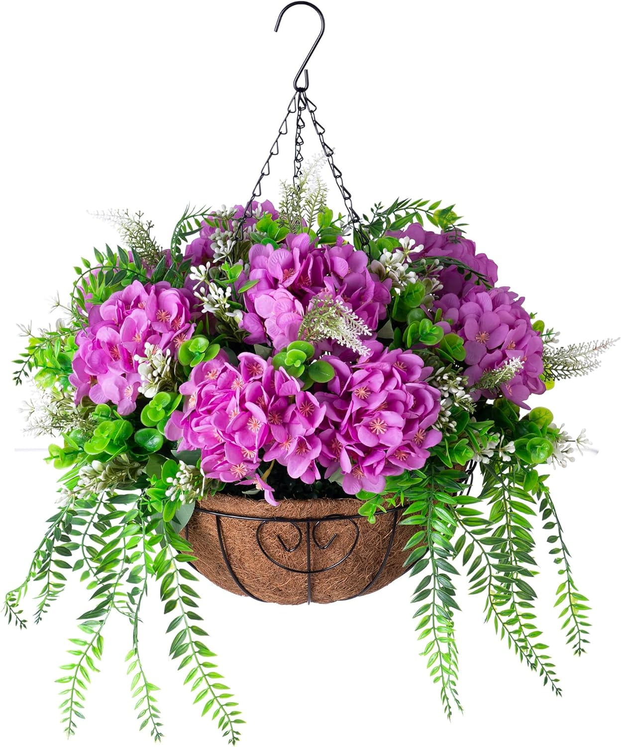 Artificial Flowers in Hanging Basket Planter for Home Spring Decoration, Silk Hydrangea Outdoor Indoor Arrangements, 12" Metal Coconut Lining Basket with Faux Plant(Champagne)