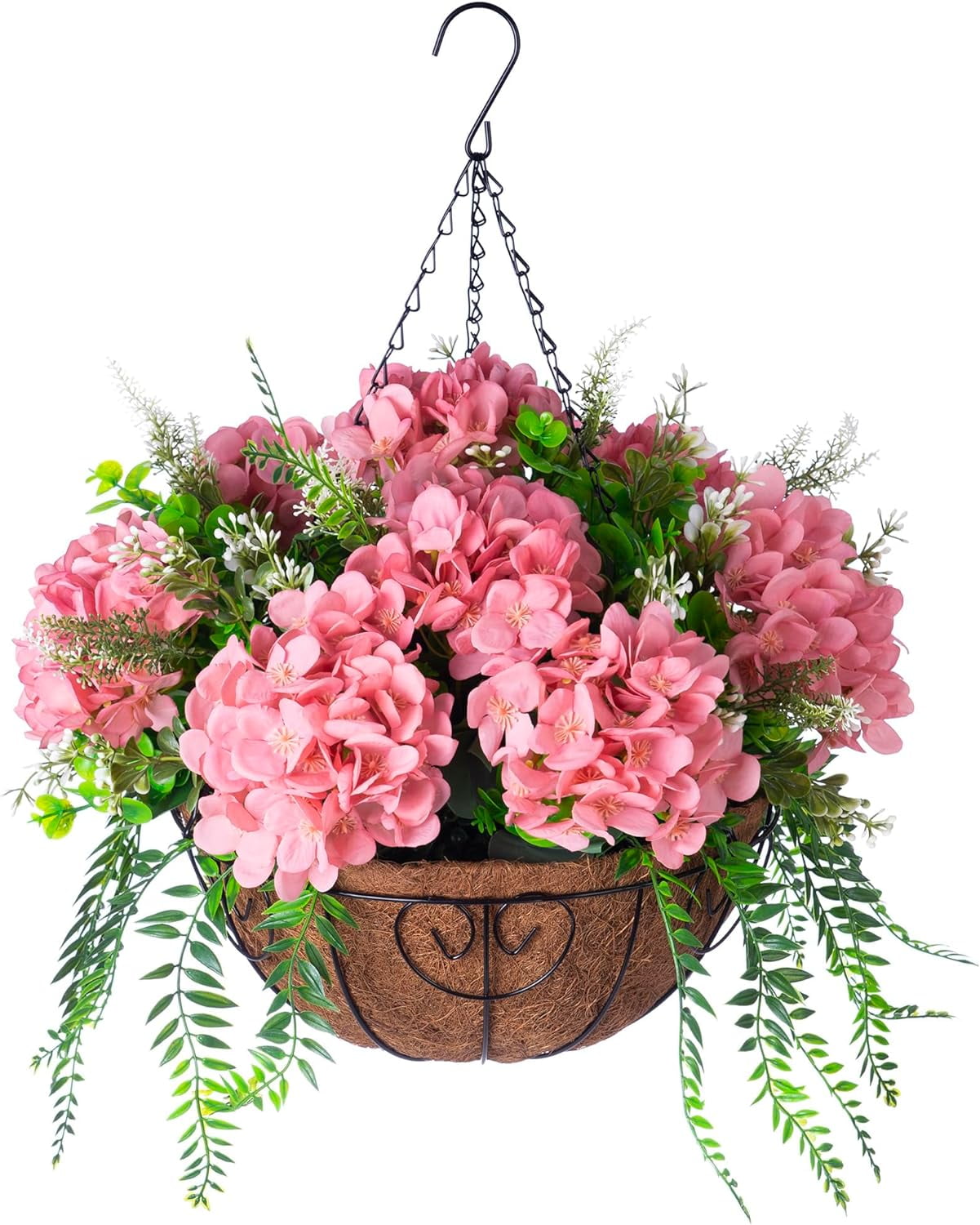 Artificial Flowers in Hanging Basket Planter for Home Spring Decoration, Silk Hydrangea Outdoor Indoor Arrangements, 12" Metal Coconut Lining Basket with Faux Plant(Champagne)