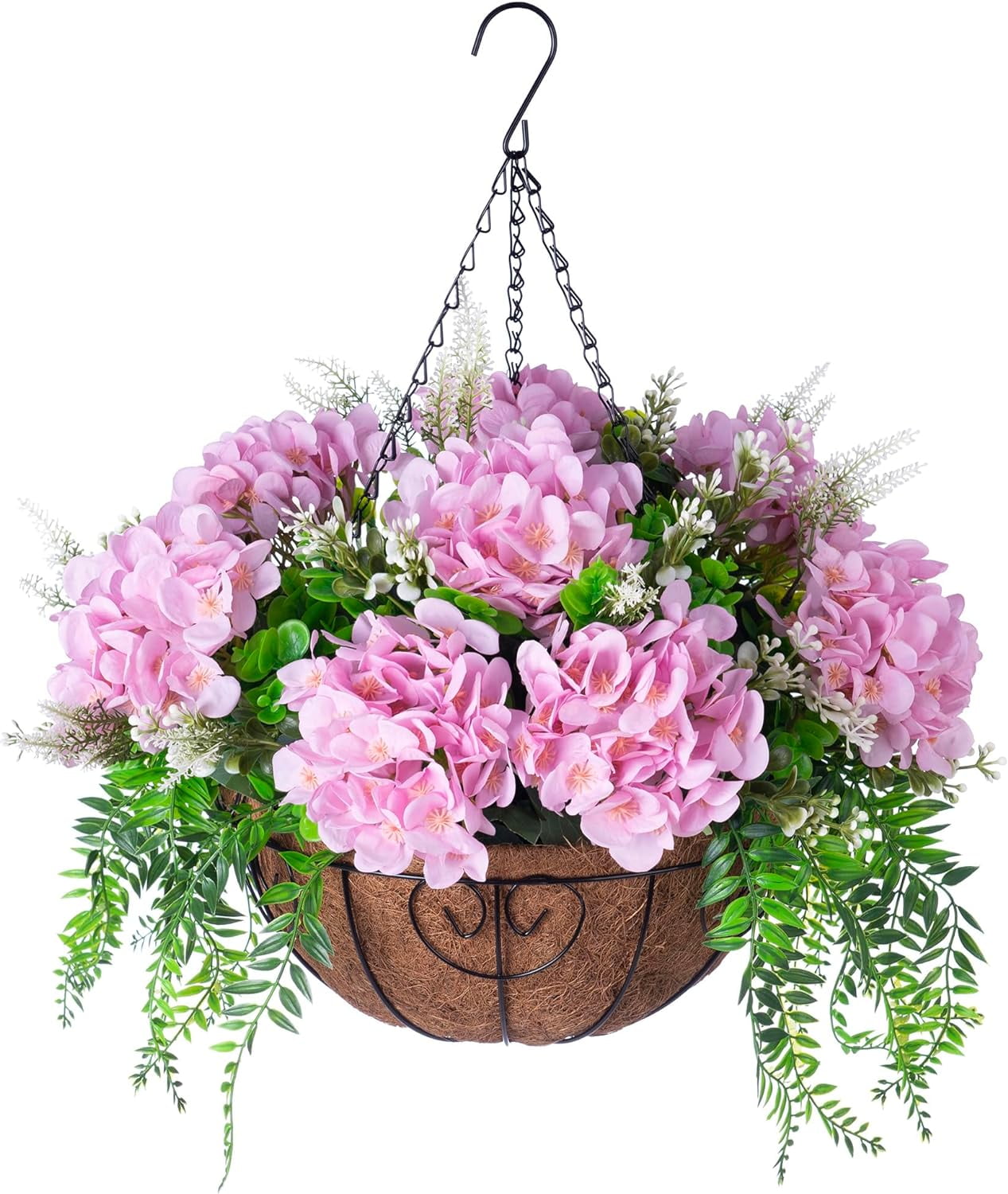 Artificial Flowers in Hanging Basket Planter for Home Spring Decoration, Silk Hydrangea Outdoor Indoor Arrangements, 12" Metal Coconut Lining Basket with Faux Plant(Champagne)