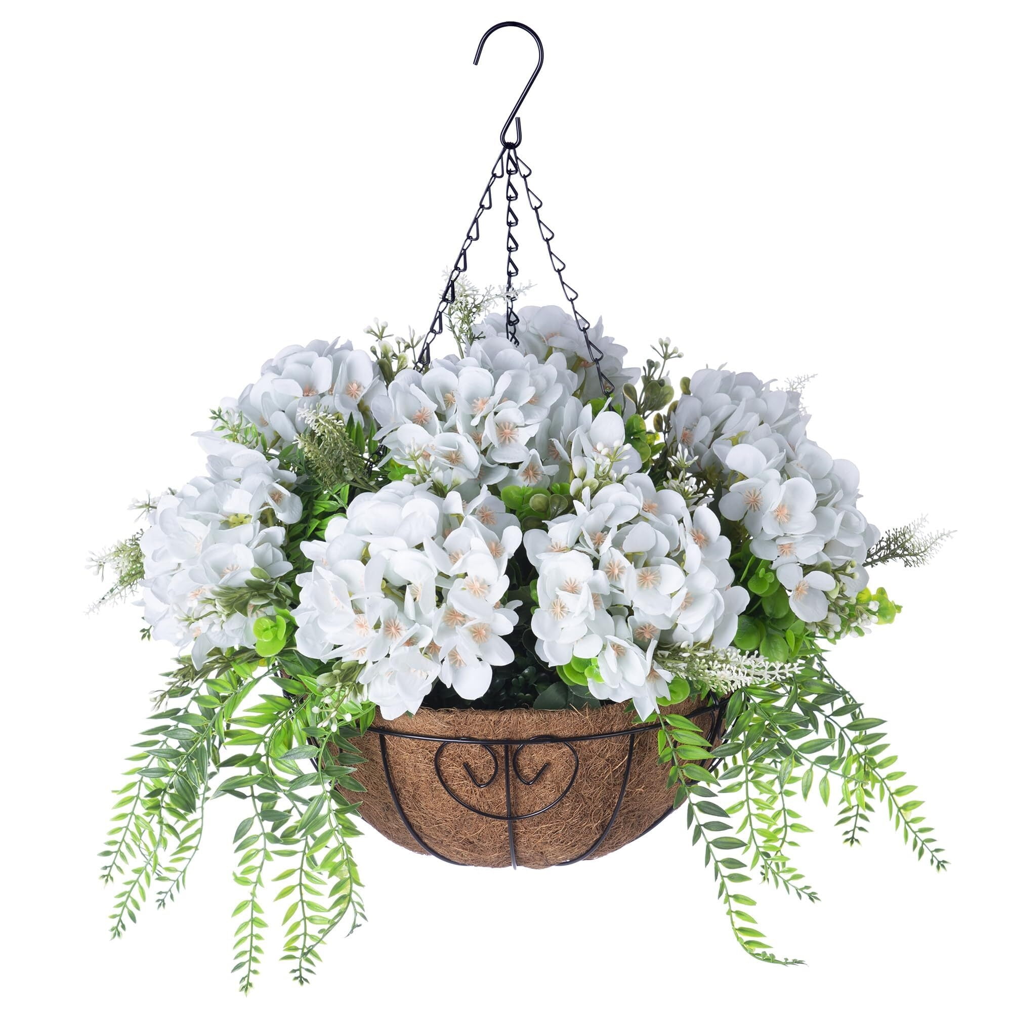 Artificial Flowers in Hanging Basket Planter for Home Spring Summer Decoration, Silk Hydrangea Outdoor Indoor Arrangements, 12" Metal Coconut Lining Basket with Faux Plant(Pink)