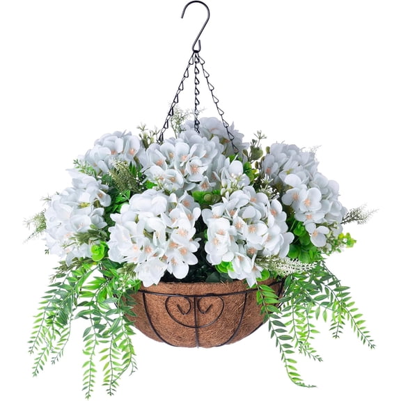 Artificial Flowers in Hanging Basket Planter for Home Spring Summer Decoration, Silk Hydrangea Outdoor Indoor Arrangements, 12" Metal Coconut Lining Basket with Faux Plant(Light green)