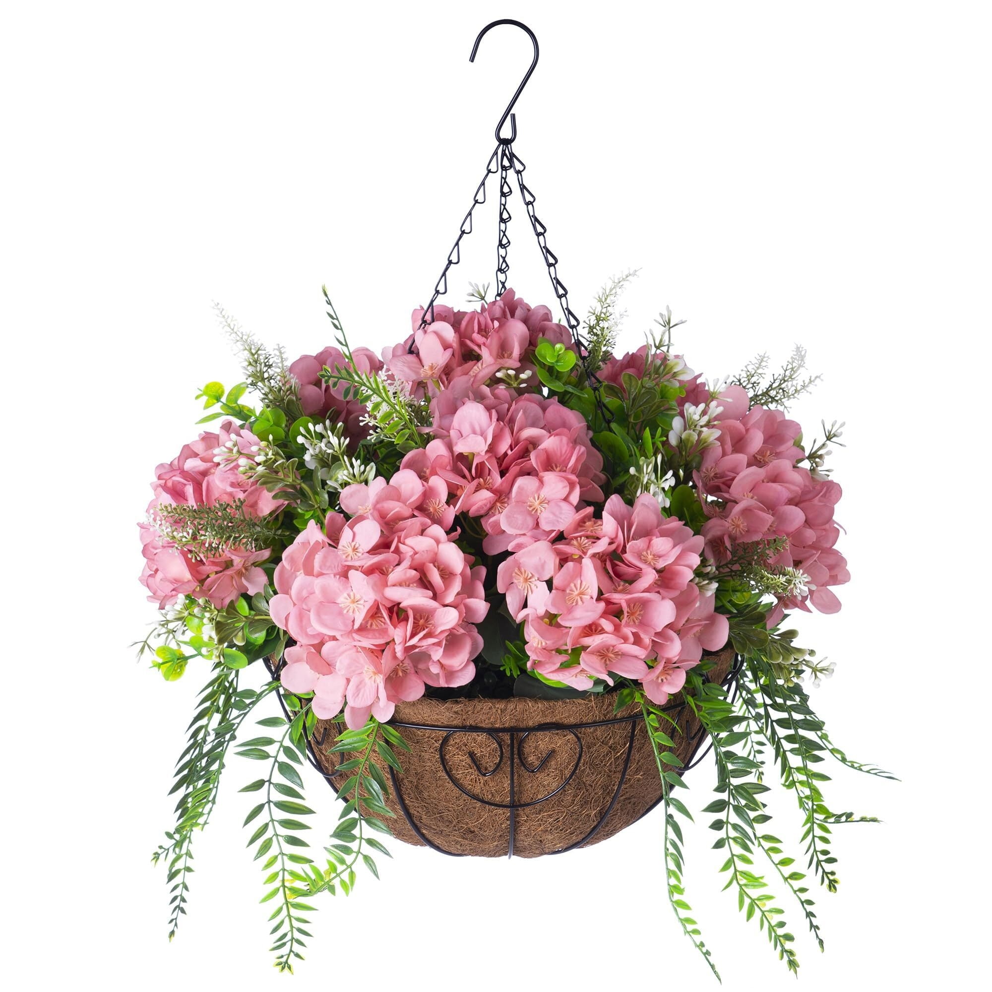 Artificial Flowers in Hanging Basket Planter for Home Spring Summer Decoration, Silk Hydrangea Outdoor Indoor Arrangements, 12" Metal Coconut Lining Basket with Faux Plant(Pink)