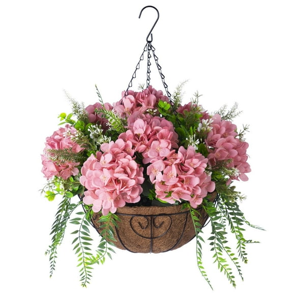 Artificial Flowers in Hanging Basket Planter for Home Spring Summer Decoration, Silk Hydrangea Outdoor Indoor Arrangements, 12" Metal Coconut Lining Basket with Faux Plant(Pink)
