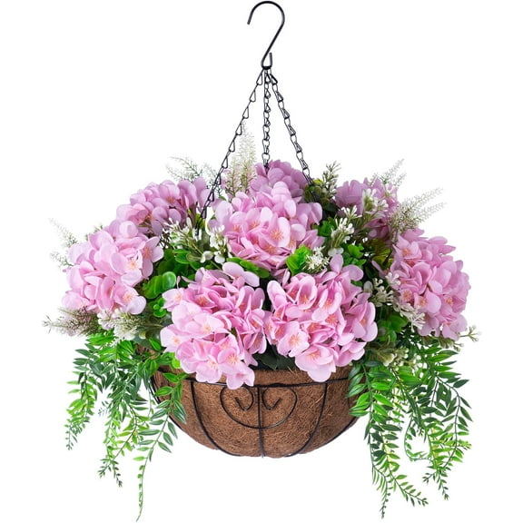 Artificial Flowers in Hanging Basket Planter for Home Spring Summer Decoration, Silk Hydrangea Outdoor Indoor Arrangements, 12" Metal Coconut Lining Basket with Faux Plant(Champagne)