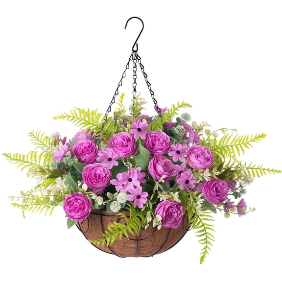 Artificial Flowers in Hanging Basket Planter for Home Spring Summer Decoration, Silk Rose Peony Outdoor Indoor Arrangements, 12" Metal Coconut Lining Basket with Faux Plant(Purple)