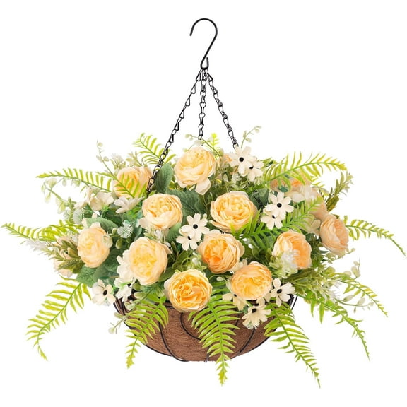 Artificial Flowers in Hanging Basket Planter for Home Spring Summer Decoration, Silk Rose Peony Outdoor Indoor Arrangements, 12" Metal Coconut Lining Basket with Faux Plant(Yellow)